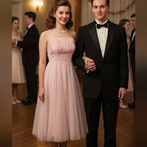 Vintage Pink Fit & Flare Tulle Embroidered Midi Dress XXS/XS